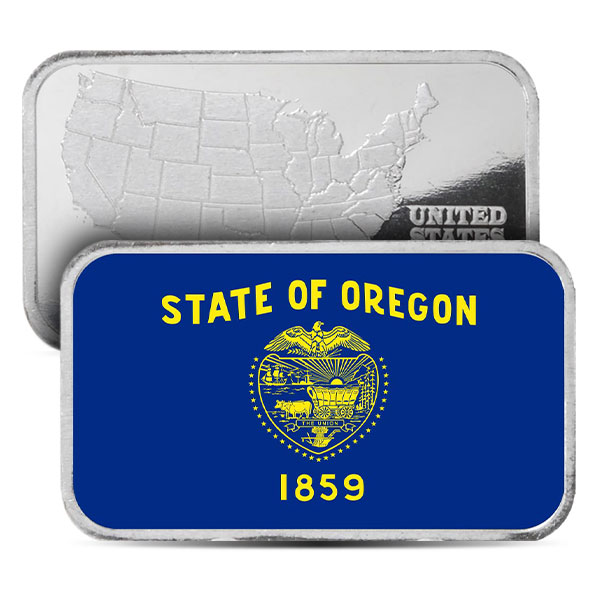 Oregon State Flag Silver Bar (Colorized) - 1 Troy Ounce, .999 Pure
