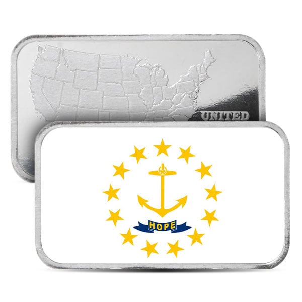 Rhode Island State Flag Silver Bar (Colorized) - 1 Troy Ounce, .999 Pure