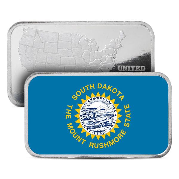 South Dakota State Flag Silver Bar (Colorized) - 1 Troy Ounce, .999 Pure