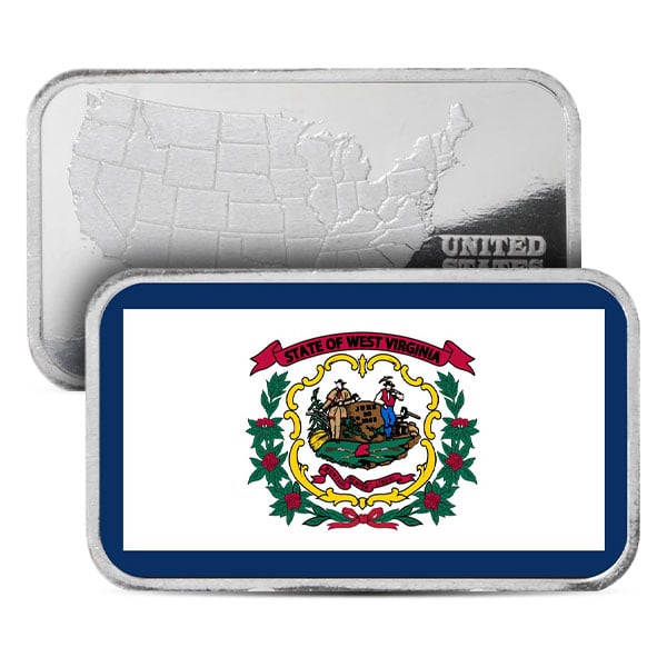 West Virginia State Flag Silver Bar (Colorized) - 1 Troy Ounce, .999 Pure