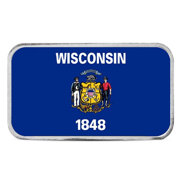 Wisconsin State Flag Silver Bar (Colorized) - 1 Troy Ounce, .999 Pure