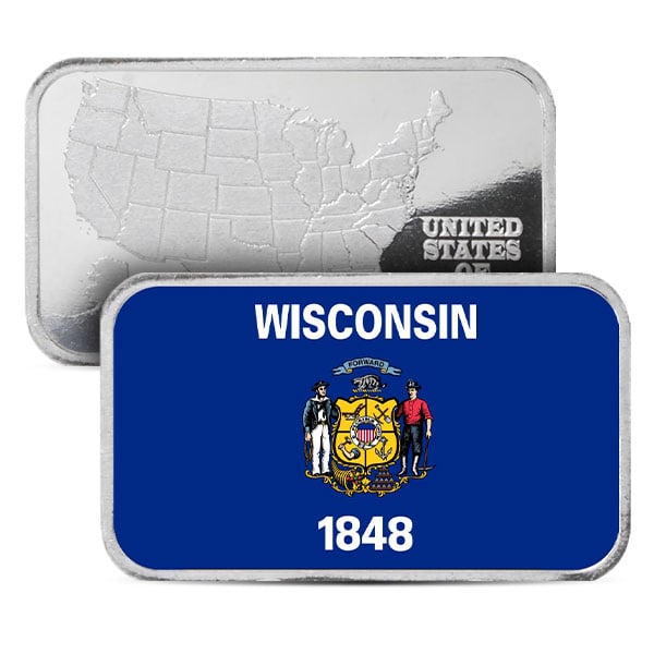 Wisconsin State Flag Silver Bar (Colorized) - 1 Troy Ounce, .999 Pure