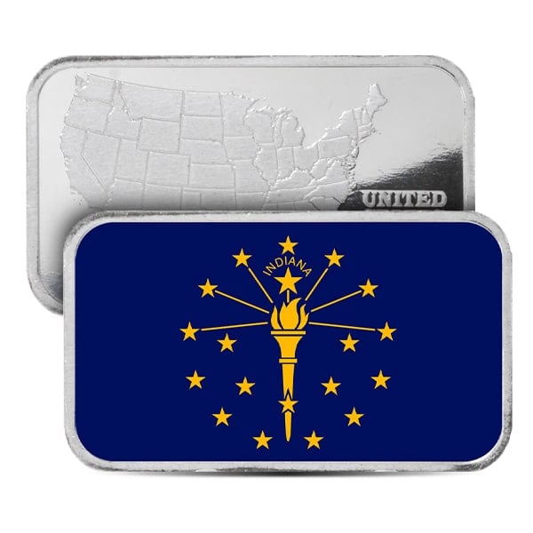 Indiana State Flag Silver Bar (Colorized) - 1 Troy Ounce, .999 Pure