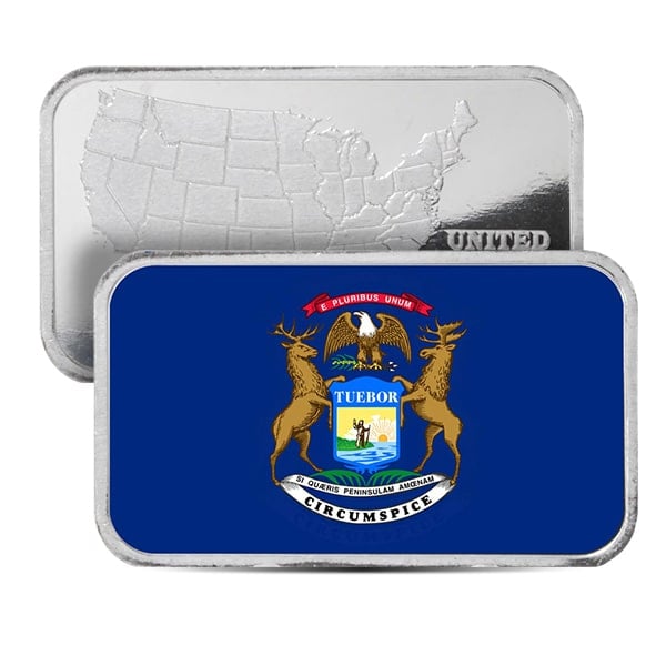 Michigan State Flag Silver Bar (Colorized) - 1 Troy Ounce, .999 Pure