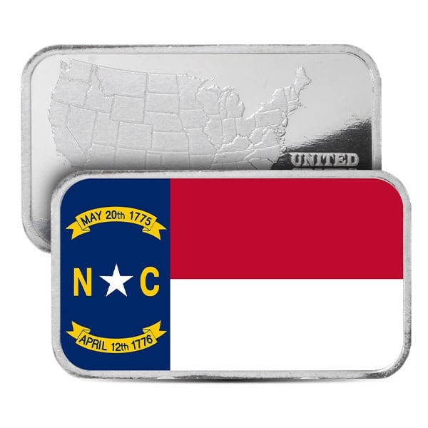 North Carolina State Flag Silver Bar (Colorized) - 1 Troy Ounce, .999 Pure