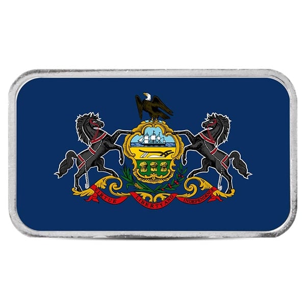Pennsylvania State Flag Silver Bar (Colorized) - 1 Troy Ounce, .999 Pure