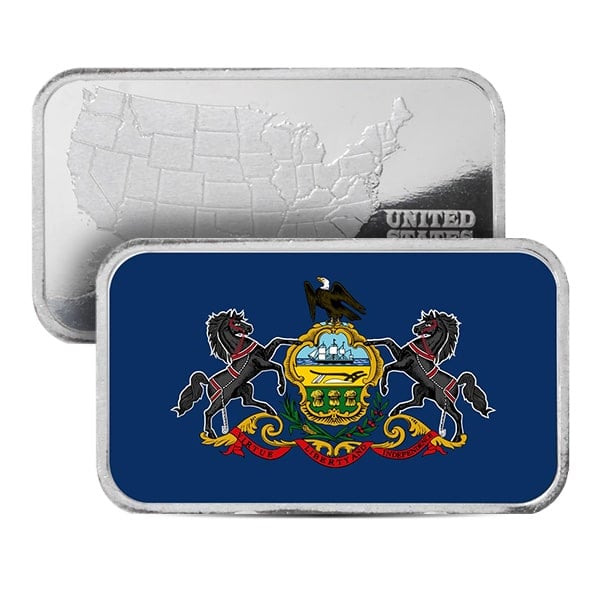 Pennsylvania State Flag Silver Bar (Colorized) - 1 Troy Ounce, .999 Pure