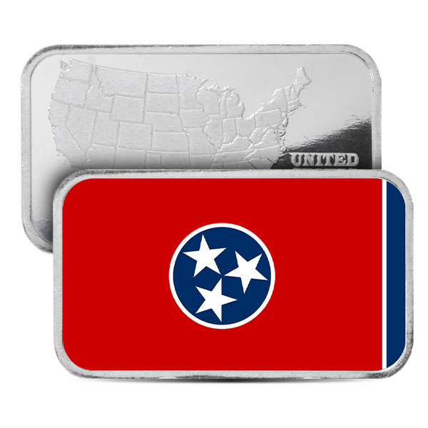 Tennessee State Flag Silver Bar (Colorized) - 1 Troy Ounce, .999 Pure