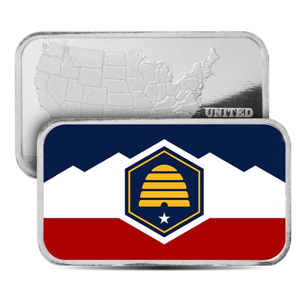 Utah State Flag Silver Bar (Colorized) - 1 Troy Ounce, .999 Pure