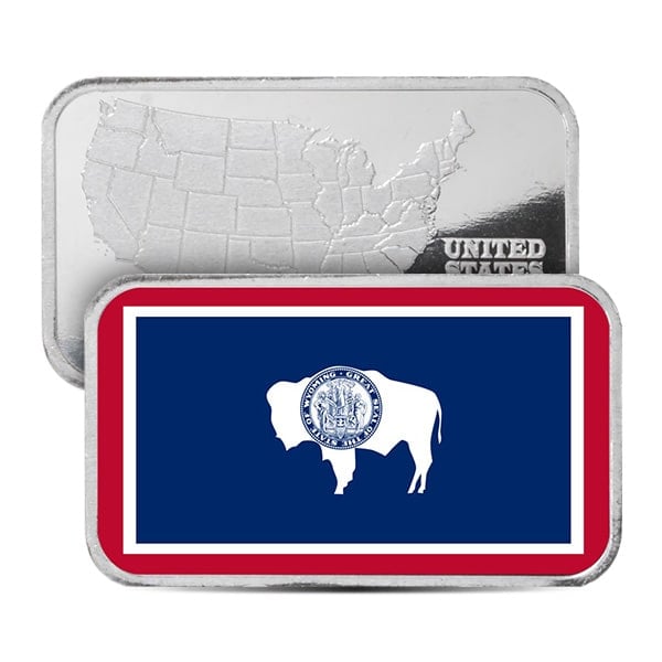 Wyoming State Flag Silver Bar (Colorized) - 1 Troy Ounce, .999 Pure