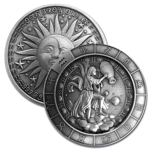 Aquarius the Water Bearer 1 Oz Zodiac Silver Round - .999 Pure