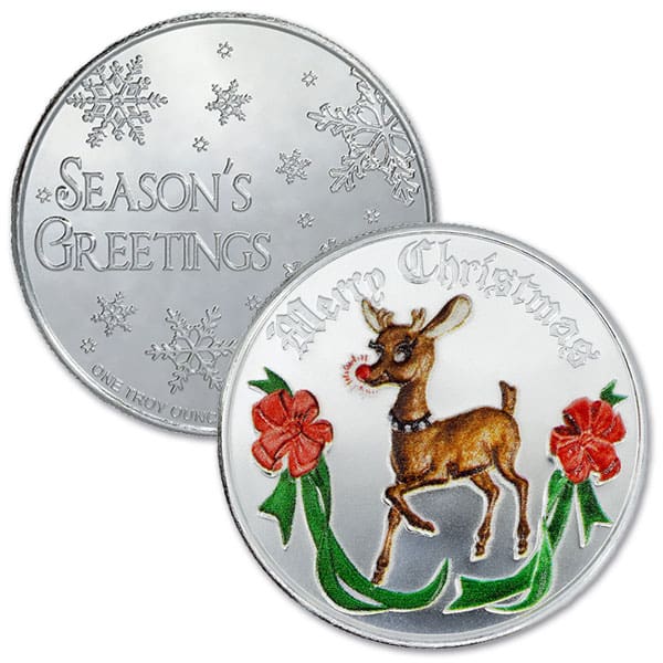 Colorized Rudolph 1 Troy Oz Silver Round - .999 Pure