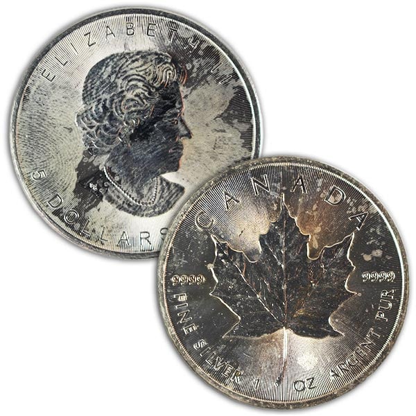 Spotted/Tarnished/Circulated Silver Maple Leaf, .9999 Pure, 1 Troy Ounce thumbnail