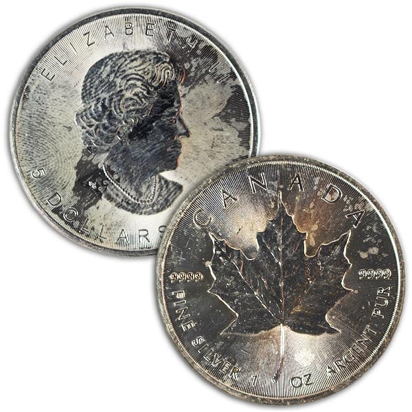 Spotted/Tarnished/Circulated Silver Maple Leaf, .9999 Pure, 1 Troy Ounce