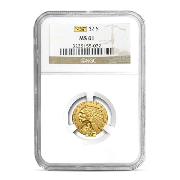 MS61 Graded $2.50 Indian Head U.S. Gold Coin (PCGS / NGC) - Random Dates