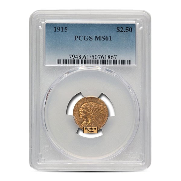 MS61 Graded $2.50 Indian Head U.S. Gold Coin (PCGS / NGC) - Random Dates