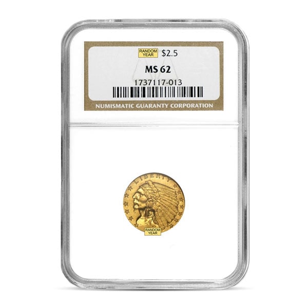 MS62 Graded $2.50 Indian Head U.S. Gold Coin (PCGS / NGC) - Random Dates