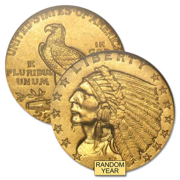 MS62 Graded $2.50 Indian Head U.S. Gold Coin (PCGS / NGC) - Random Dates