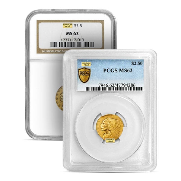 MS62 Graded $2.50 Indian Head U.S. Gold Coin (PCGS / NGC) - Random Dates