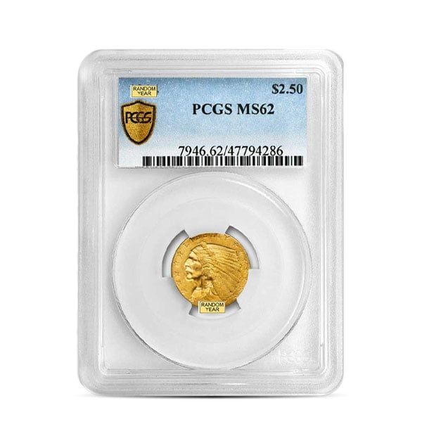 MS62 Graded $2.50 Indian Head U.S. Gold Coin (PCGS / NGC) - Random Dates