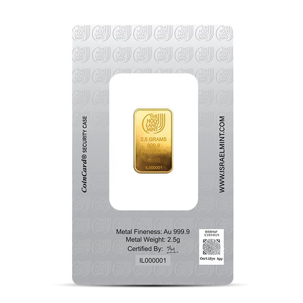 Holy Land Mint Dove of Peace Gold Bar, 2.5 Gram, .9999 Pure in Assay Package