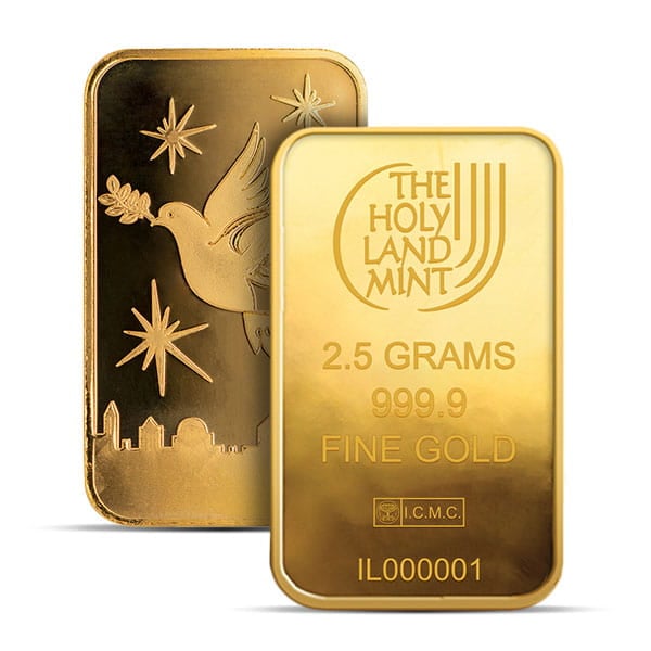 Holy Land Mint Dove of Peace Gold Bar, 2.5 Gram, .9999 Pure in Assay Package