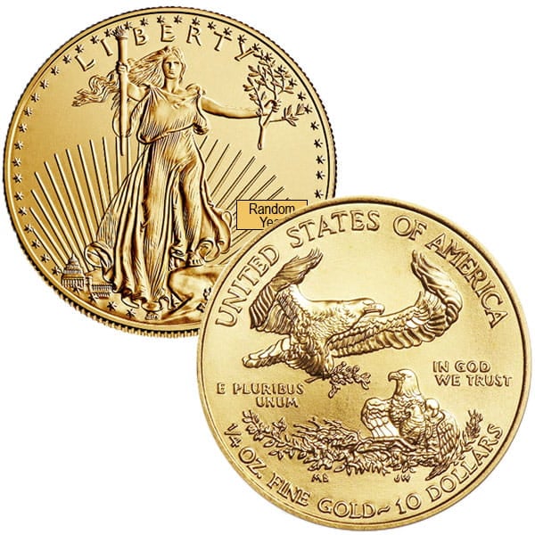 1/4 Oz American Gold Eagle Coin, Type 1 Design (Dates Our Choice)