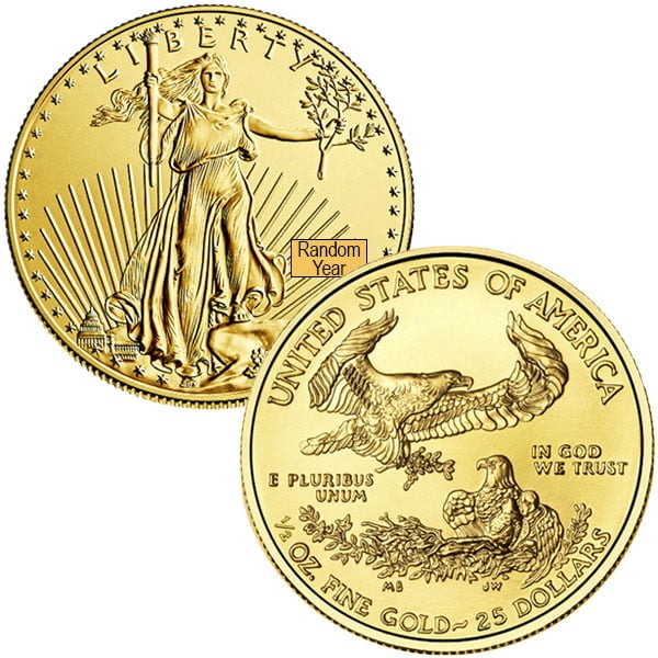 1/2 Oz American Gold Eagle Coin, Type 1 Design (Dates Our Choice)