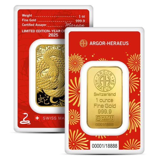 Argor-Heraeus Lunar Gold Bar - 2025 Year of the Snake, 1 Oz .9999 Gold