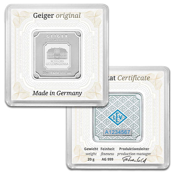 Geiger SILVER Bar - 20 Gram .999 Pure, in Assay