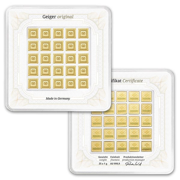 Geiger GOLD Bars - 25 x 1 Gram Multicard Pack .9999 Pure