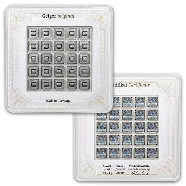 Geiger SILVER Bars - 25 x 1 Gram Multicard Pack .999 Pure