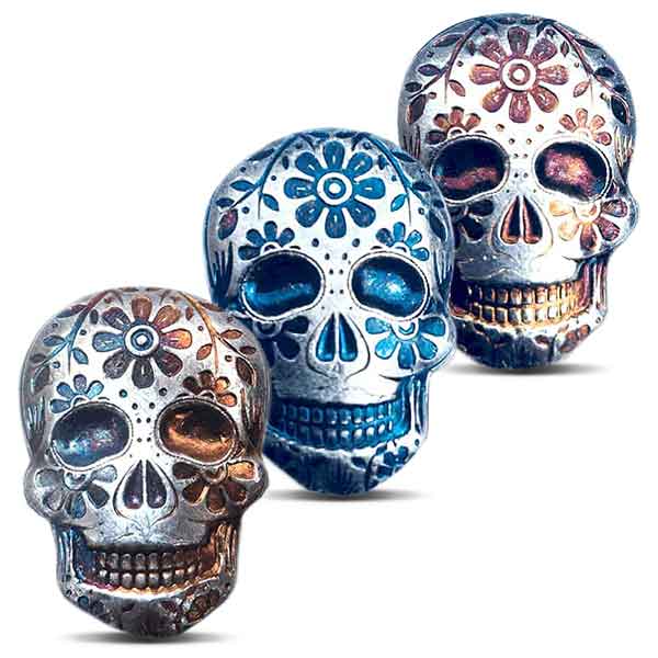Day of the Dead 2 Oz Silver 3D Bar - Sugar Skull, Marigold (Any Color) - .999 Pure