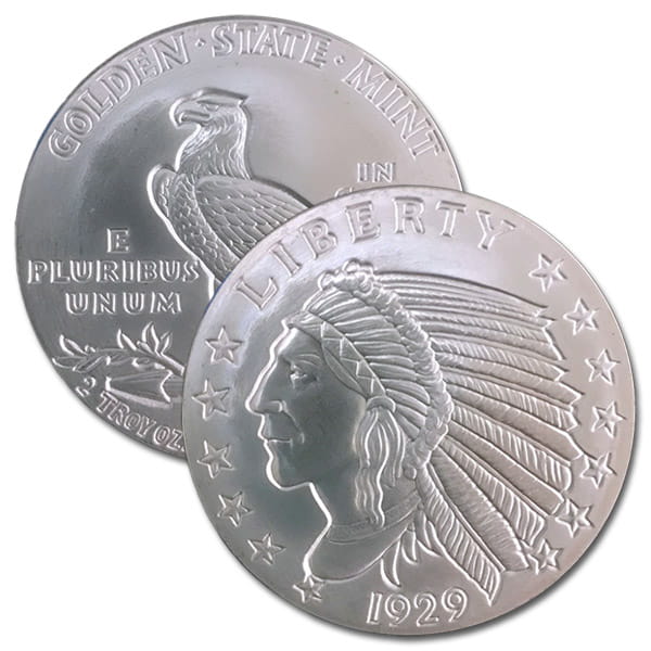 Incuse Indian Silver Round - 2 Troy Ounce, .999 Pure Silver