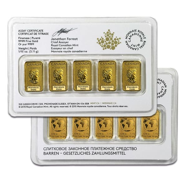 RCM 5 x 1/10 Oz Legal Tender Bar Set, In Assay, .9999 Pure (Dates Our Choice)
