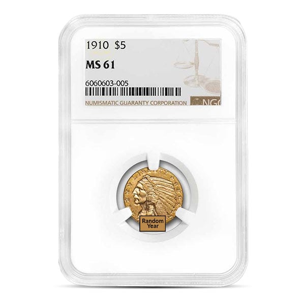 MS61 Graded $5 Indian Head U.S. Gold Coin (PCGS / NGC) - Random Dates