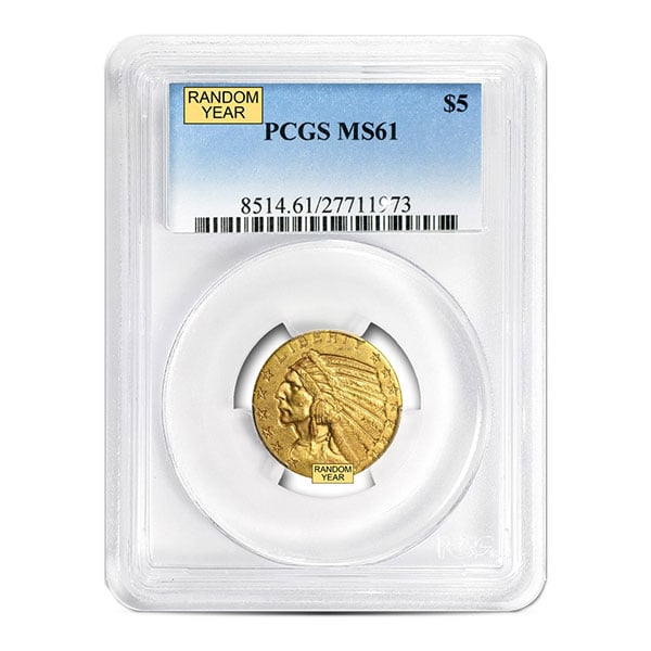 MS61 Graded $5 Indian Head U.S. Gold Coin (PCGS / NGC) - Random Dates