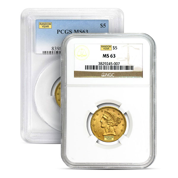 MS63 Graded $5 Liberty U.S. Gold Coin (PCGS / NGC) - Random Dates