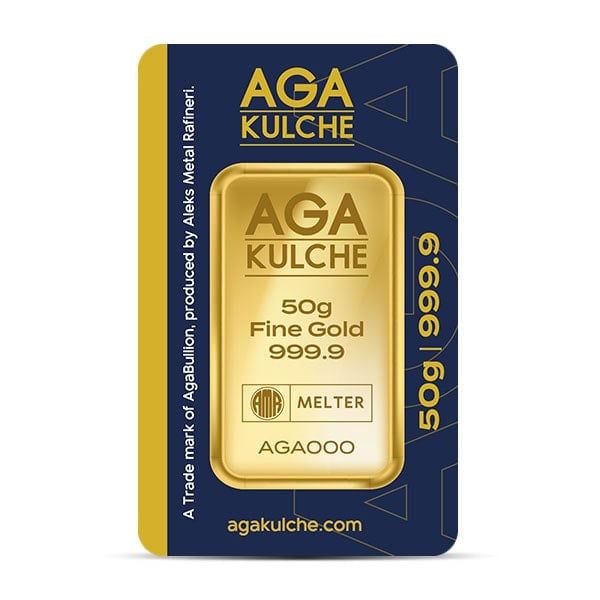 AgaBullion Gold Bar, 50 Gram, .9999 Pure in Assay Package