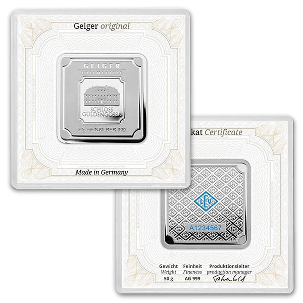 Geiger SILVER Bar - 50 Gram .999 Pure, in Assay thumbnail