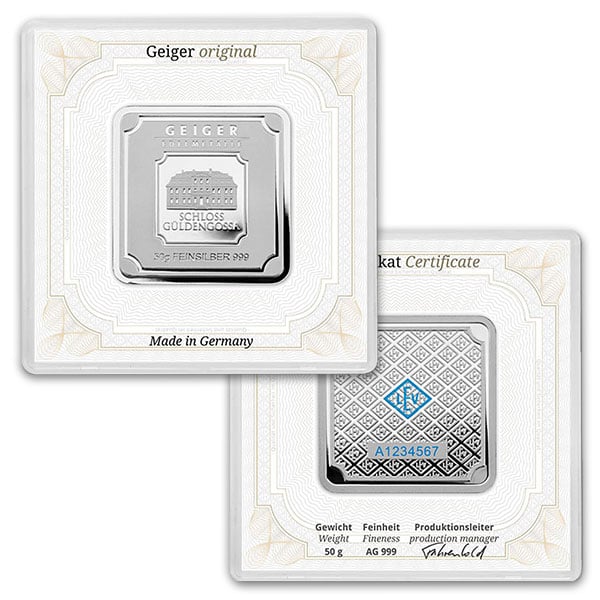 Geiger SILVER Bar - 50 Gram .999 Pure, in Assay