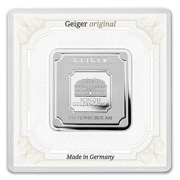 Geiger SILVER Bar - 50 Gram .999 Pure, in Assay thumbnail
