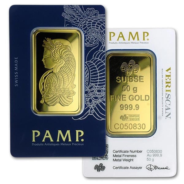 PAMP Suisse Gold Bar, 50 Gram, .9999 Pure