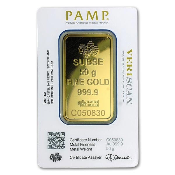 PAMP Suisse Gold Bar, 50 Gram, .9999 Pure