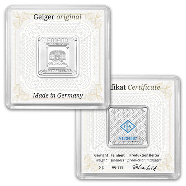 Geiger SILVER Bar - 5 Gram .999 Pure, in Assay