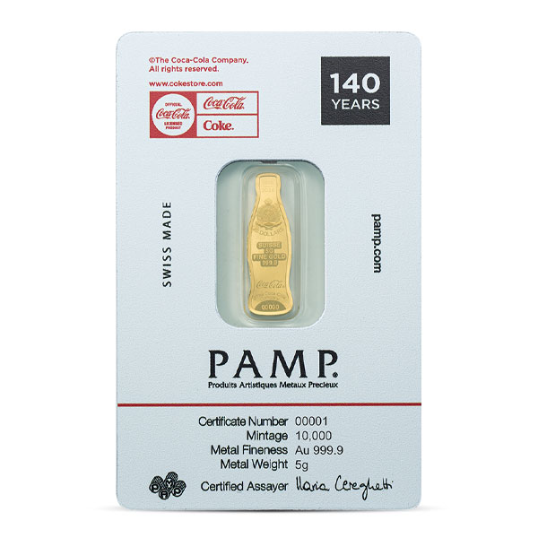 コパゴールドパター　リミテッド　エディション　L500 Coca-Cola Shaped Gold Bar, 5 Gram .9999 Pure in Assay Package