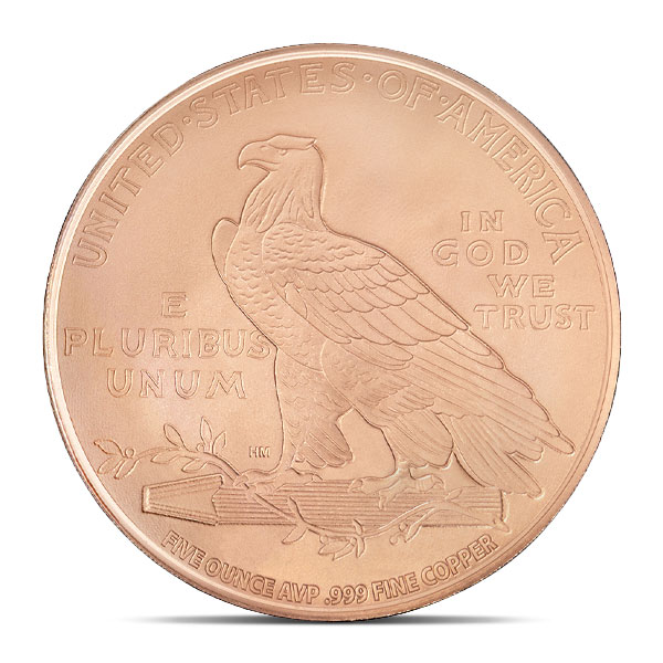 Copper Incuse Indian Head Round - 5 AVDP Oz, .999 Pure Copper