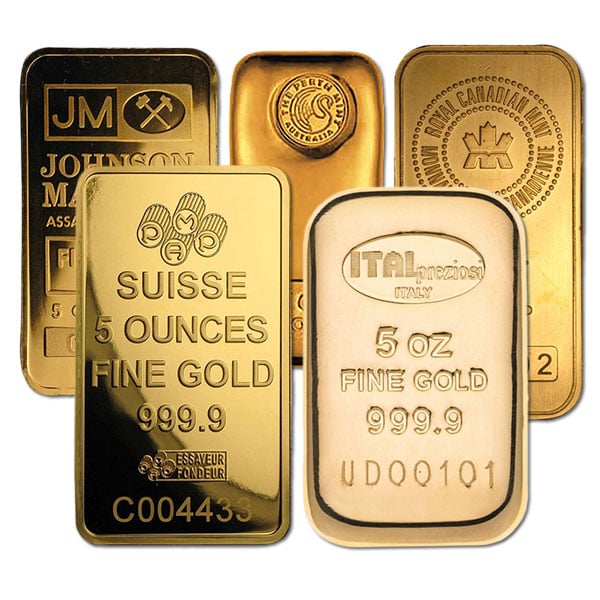 Gold Bar - 5 Oz, .9999 Pure, Miscellaneous Design (***BARS WITH LIGHT SCRATCHING***)