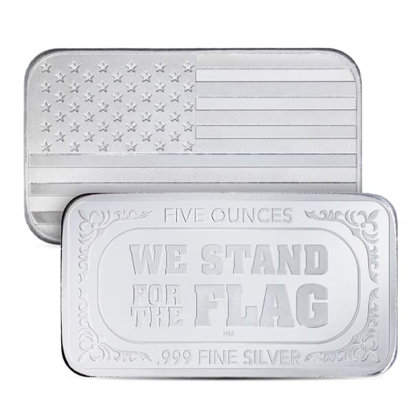 American Flag Design Silver Bar - 5 Ounce .999 Pure