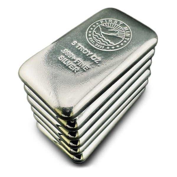 First Mint Silver Cast Bar - 5 Troy Ounce, .999 Pure